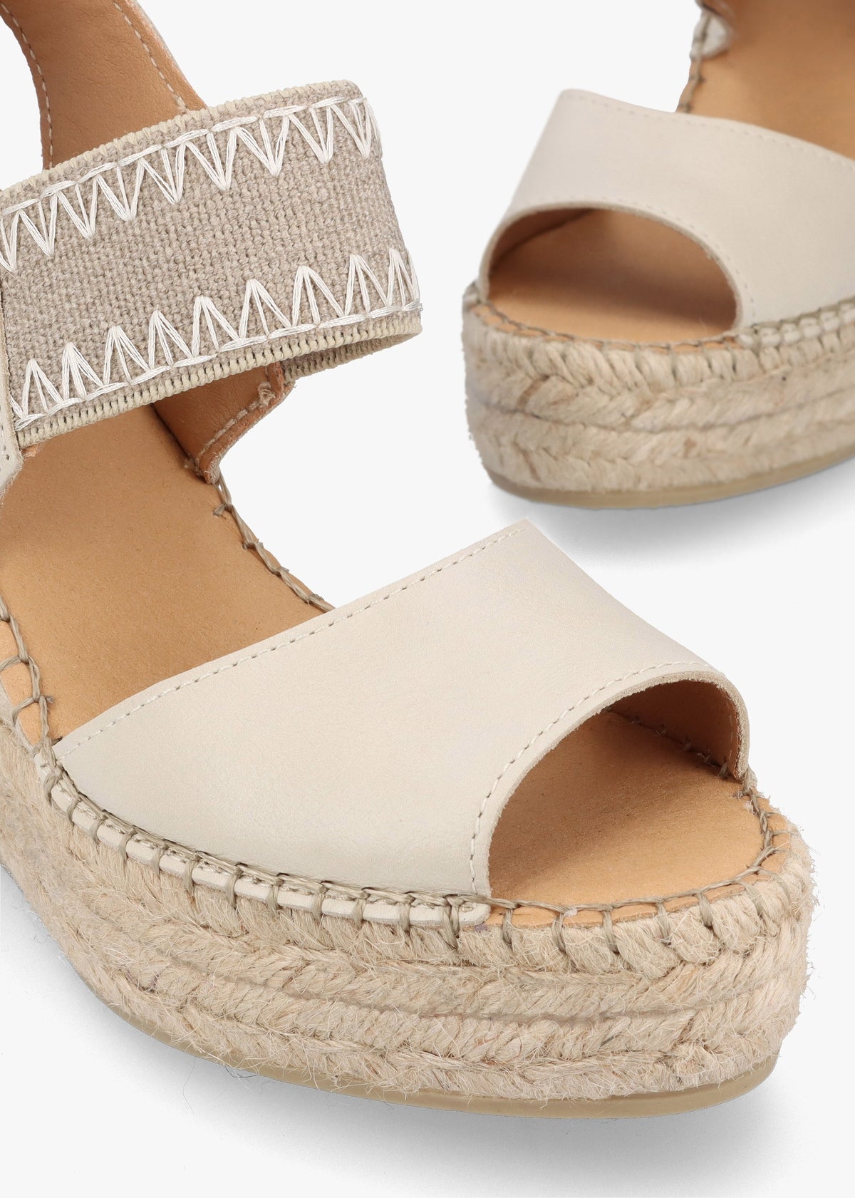 Istitch Cream Leather Wedge Espadrilles