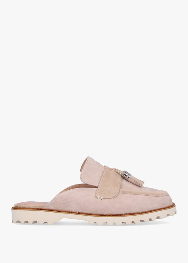 Etana Stone Suede Backless Loafers