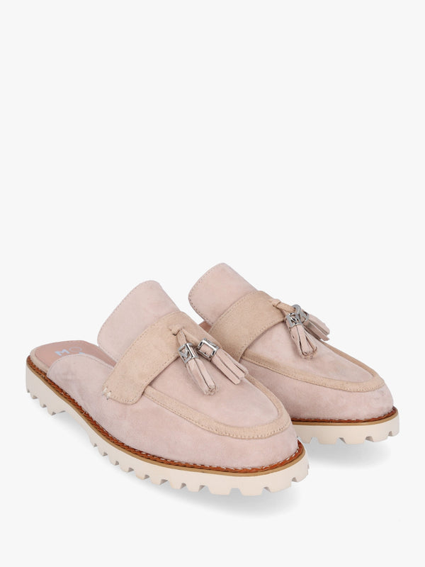 Etana Stone Suede Backless Loafers
