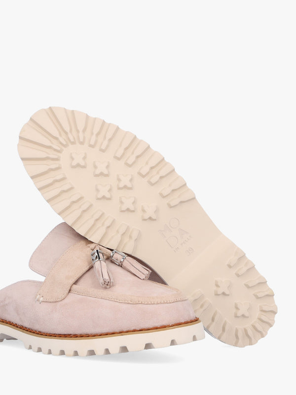 Etana Stone Suede Backless Loafers
