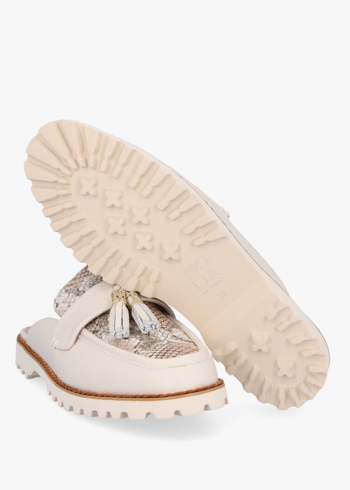 Etana Off White Leather Backless Loafers