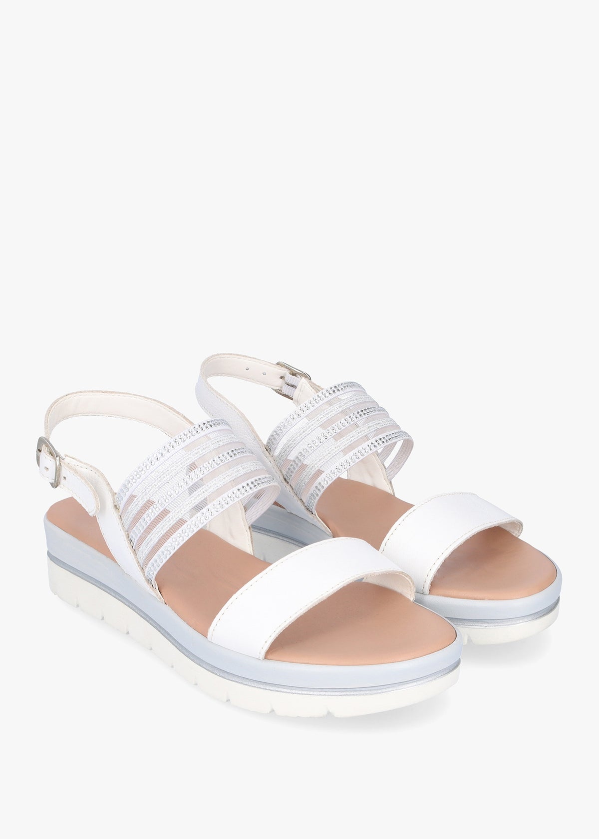 Lozzie White Two Strap Embellished Low Wedge Sandals