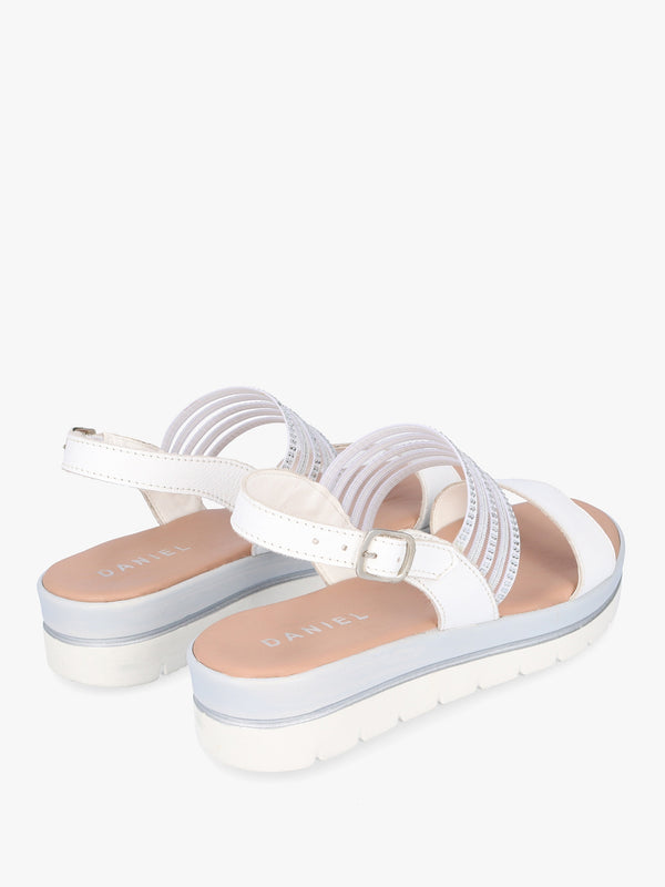 Lozzie White Two Strap Embellished Low Wedge Sandals