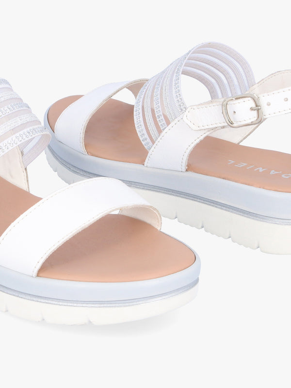 Lozzie White Two Strap Embellished Low Wedge Sandals