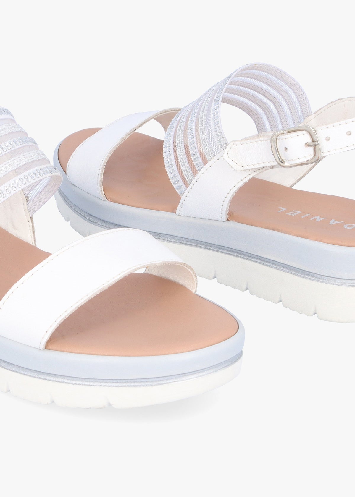 Lozzie White Two Strap Embellished Low Wedge Sandals