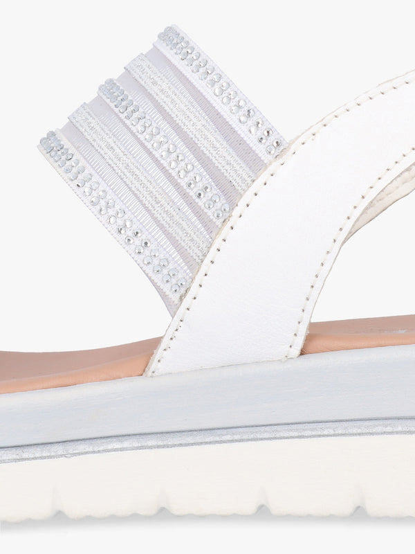 Lozzie White Two Strap Embellished Low Wedge Sandals