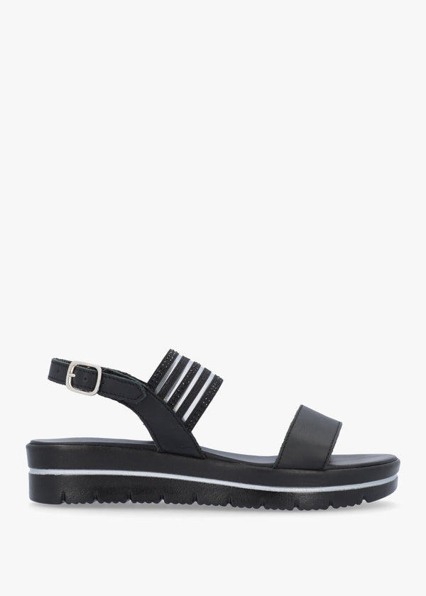 Lozzie Black Two Strap Embellished Low Wedge Sandals