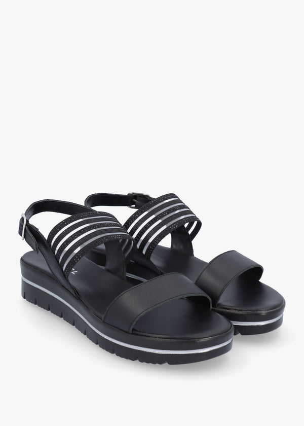 Lozzie Black Two Strap Embellished Low Wedge Sandals