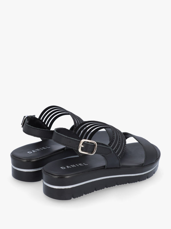 Lozzie Black Two Strap Embellished Low Wedge Sandals