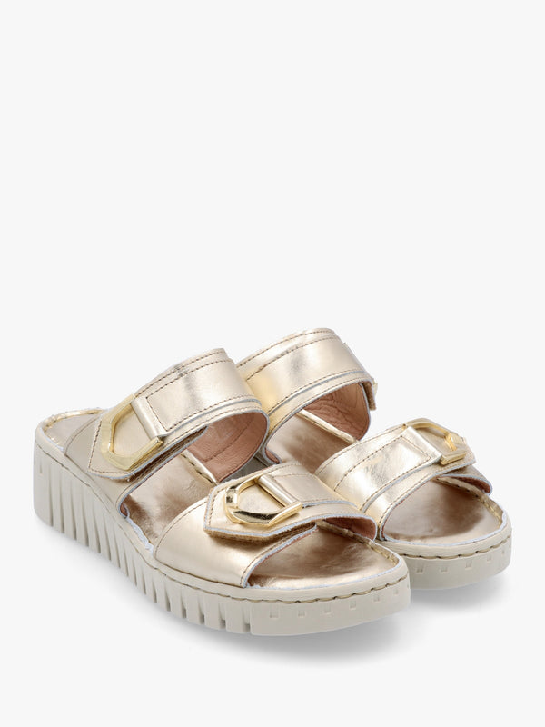 Lorelai Gold Leather Two Bar Mules