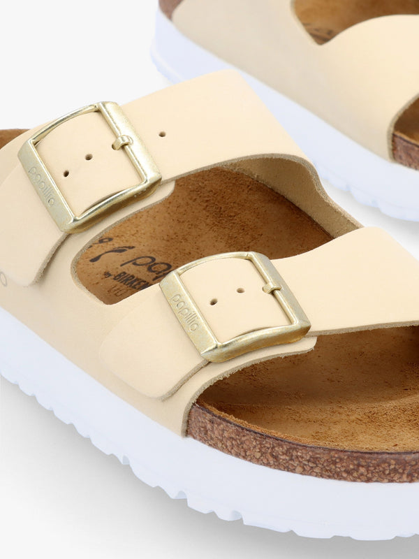 Arizona Pap Flex Platform Ecru Nubuck Leather Mules