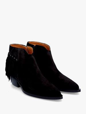 Ajax Black Suede Fringed Western Stacked Heel Ankle Boots