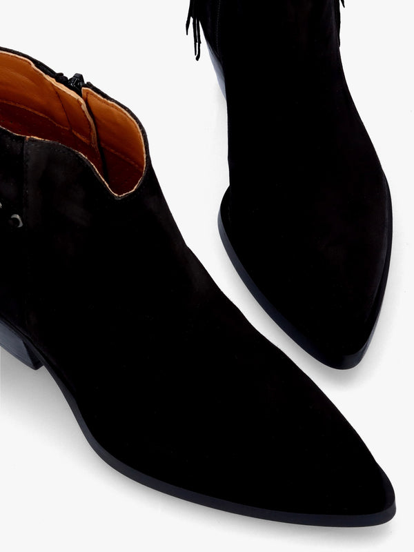 Ajax Black Suede Fringed Western Stacked Heel Ankle Boots
