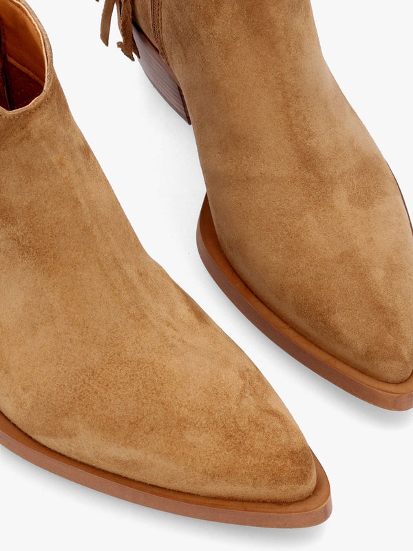 Ajax Tan Suede Fringed Western Stacked Heel Ankle Boots