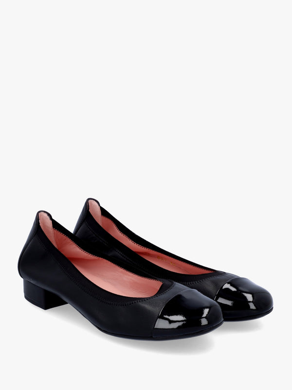 Gretschen Black Leather Patent Toe Cap Ballerina Pumps