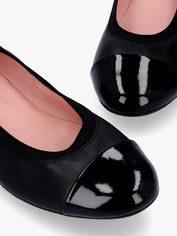 Gretschen Black Leather Patent Toe Cap Ballerina Pumps