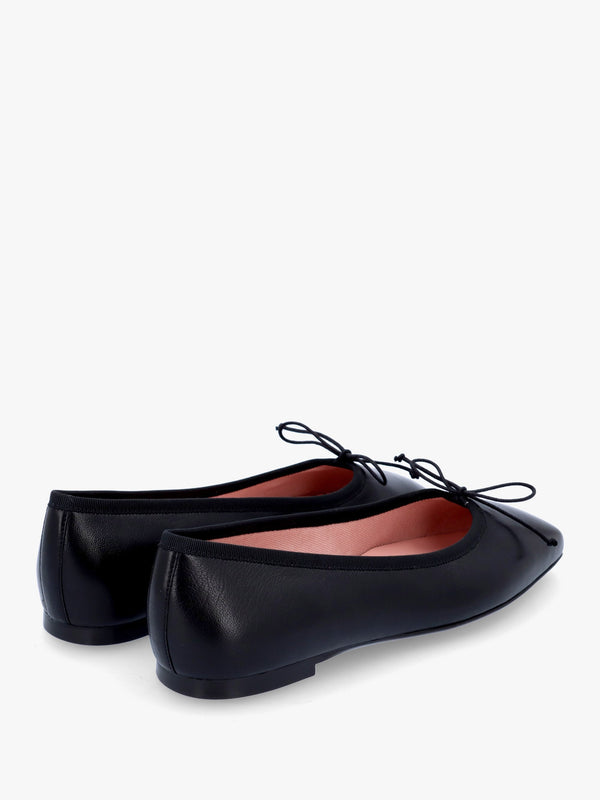 Camille Black Leather Square Toe Ballerina Pumps