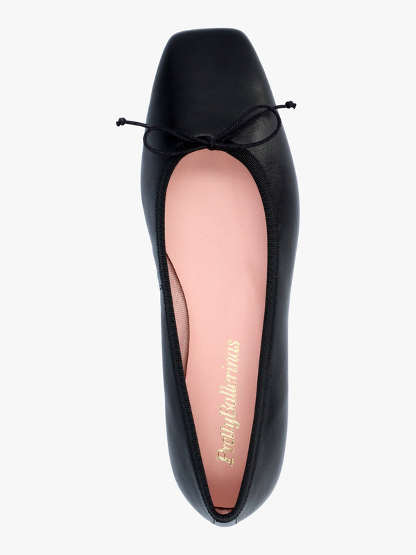 Camille Black Leather Square Toe Ballerina Pumps