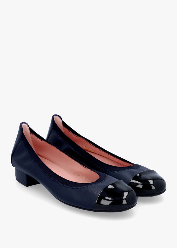 Gretschen Navy Leather Patent Toe Cap Ballerina Pumps
