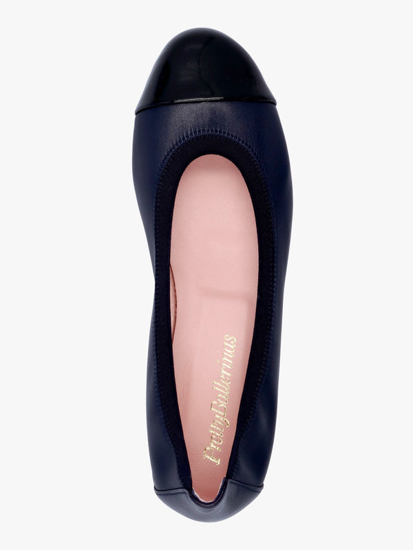 Gretschen Navy Leather Patent Toe Cap Ballerina Pumps