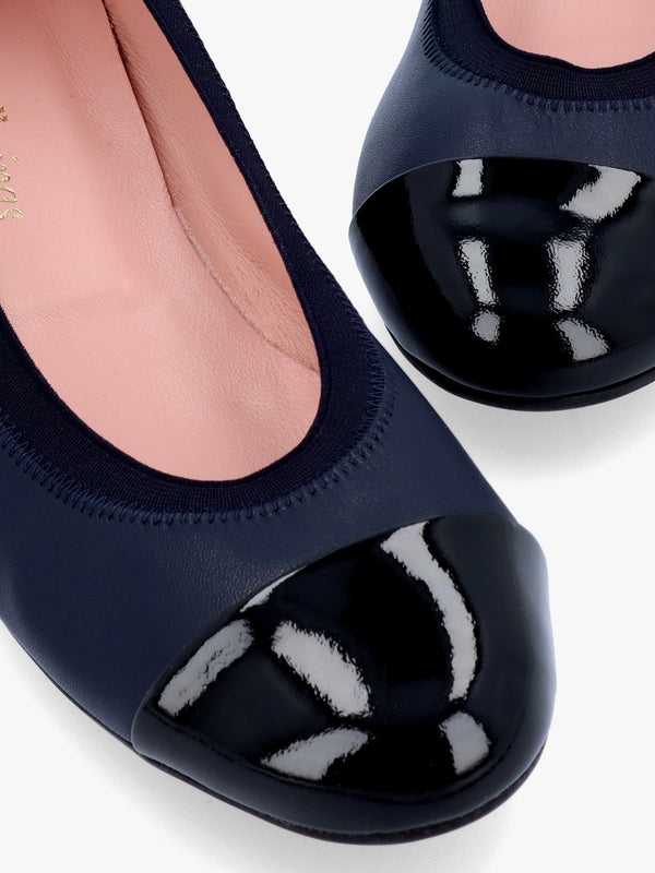Gretschen Navy Leather Patent Toe Cap Ballerina Pumps