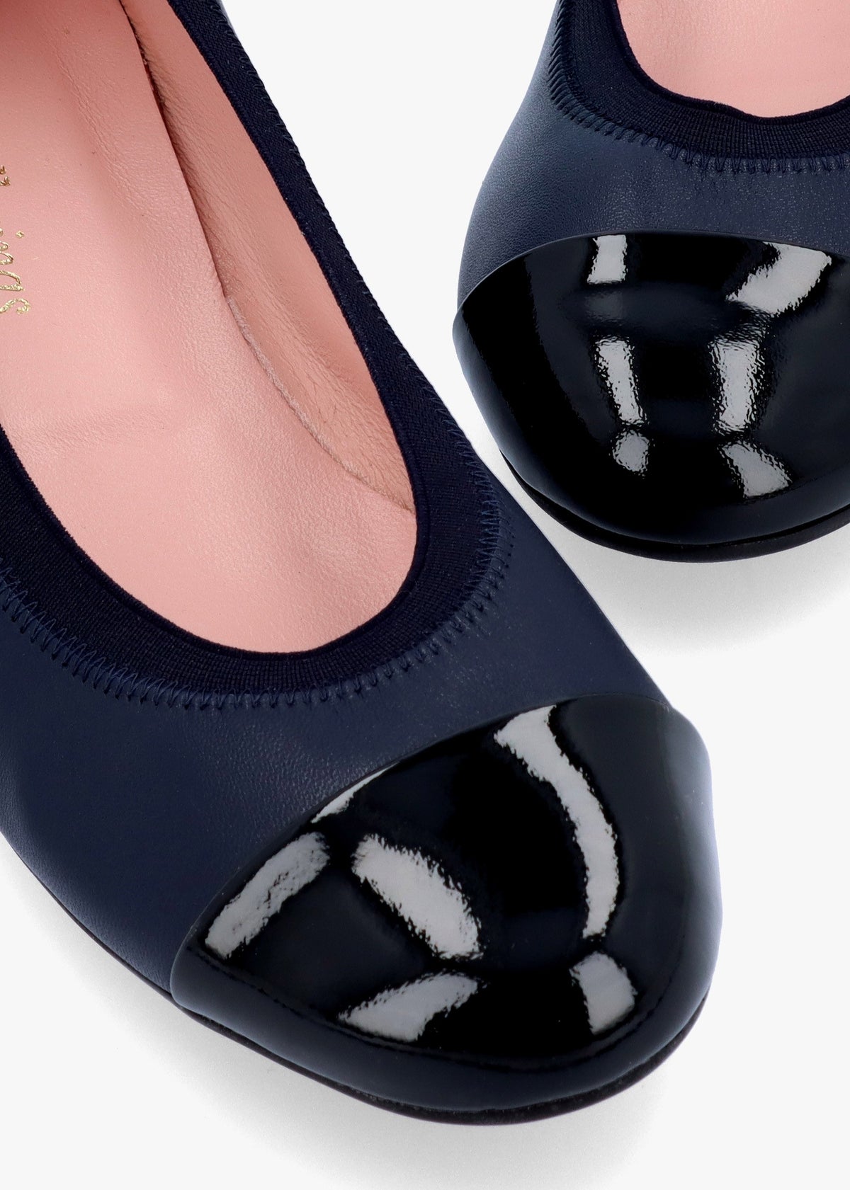 Gretschen Navy Leather Patent Toe Cap Ballerina Pumps