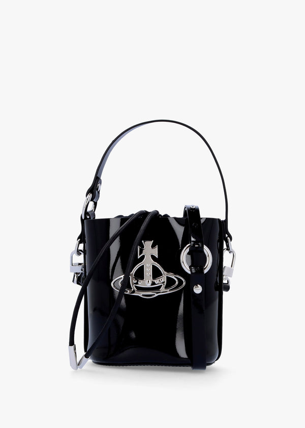 Small Daisy Black Patent Leather Drawstring Bucket Bag