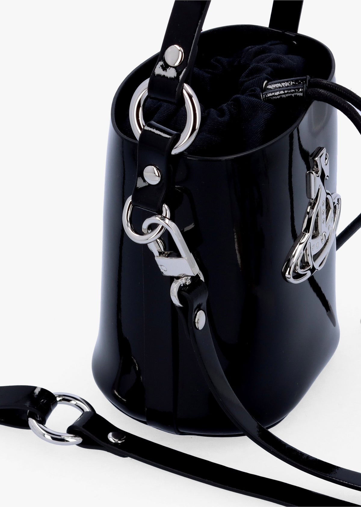 Small Daisy Black Patent Leather Drawstring Bucket Bag
