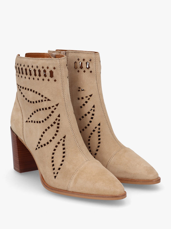 Ariana Beige Suede Laser Cut Block Heel Ankle Boots