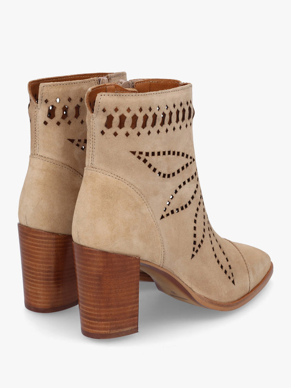 Ariana Beige Suede Laser Cut Block Heel Ankle Boots