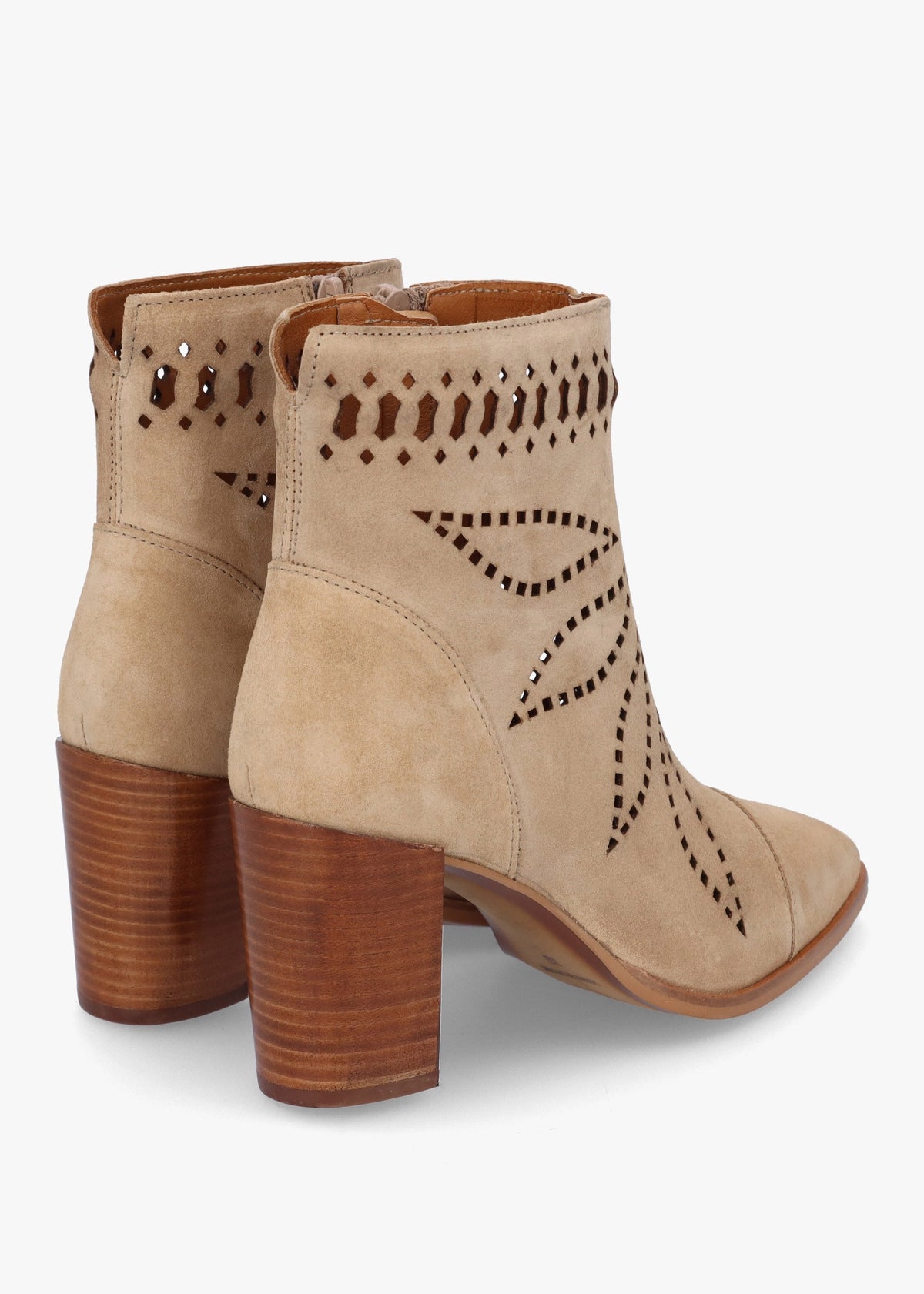 Ariana Beige Suede Laser Cut Block Heel Ankle Boots