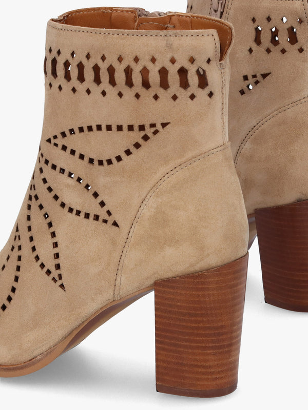 Ariana Beige Suede Laser Cut Block Heel Ankle Boots