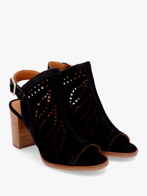 Arona Black Suede Laser Cut Block Heel Sandals