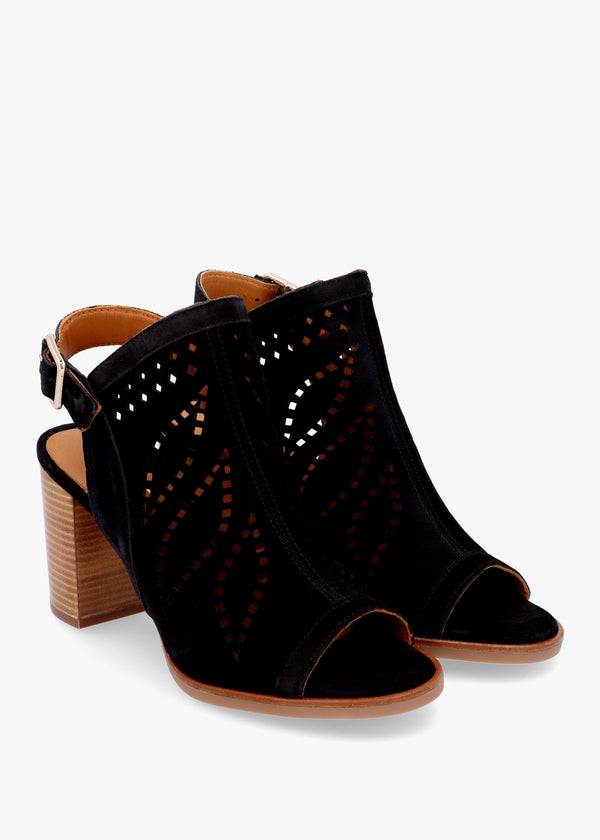 Arona Black Suede Laser Cut Block Heel Sandals