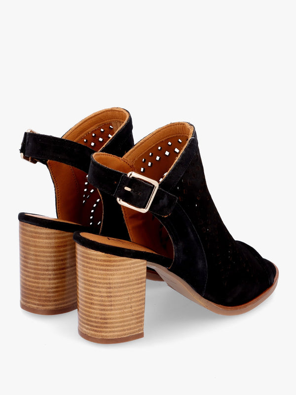 Arona Black Suede Laser Cut Block Heel Sandals