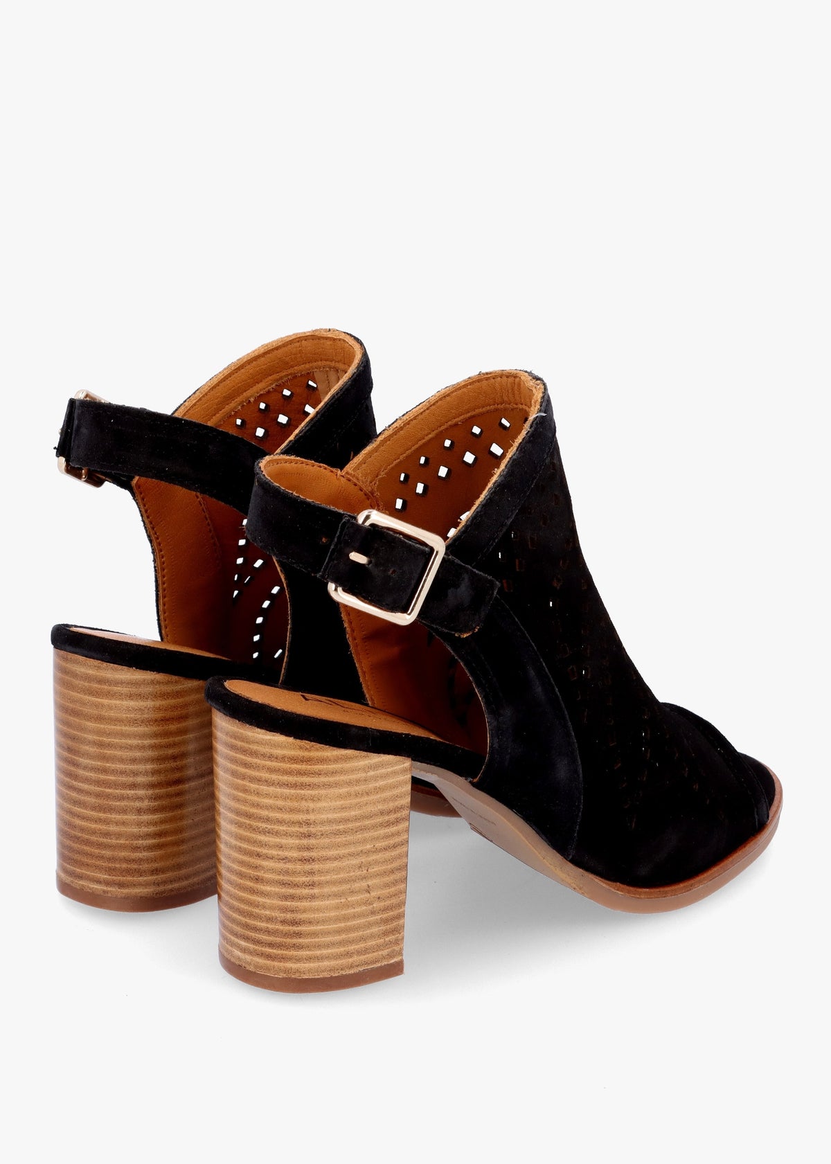 Arona Black Suede Laser Cut Block Heel Sandals