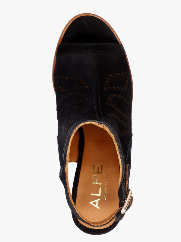 Arona Black Suede Laser Cut Block Heel Sandals