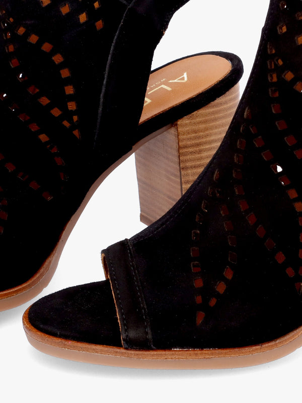 Arona Black Suede Laser Cut Block Heel Sandals