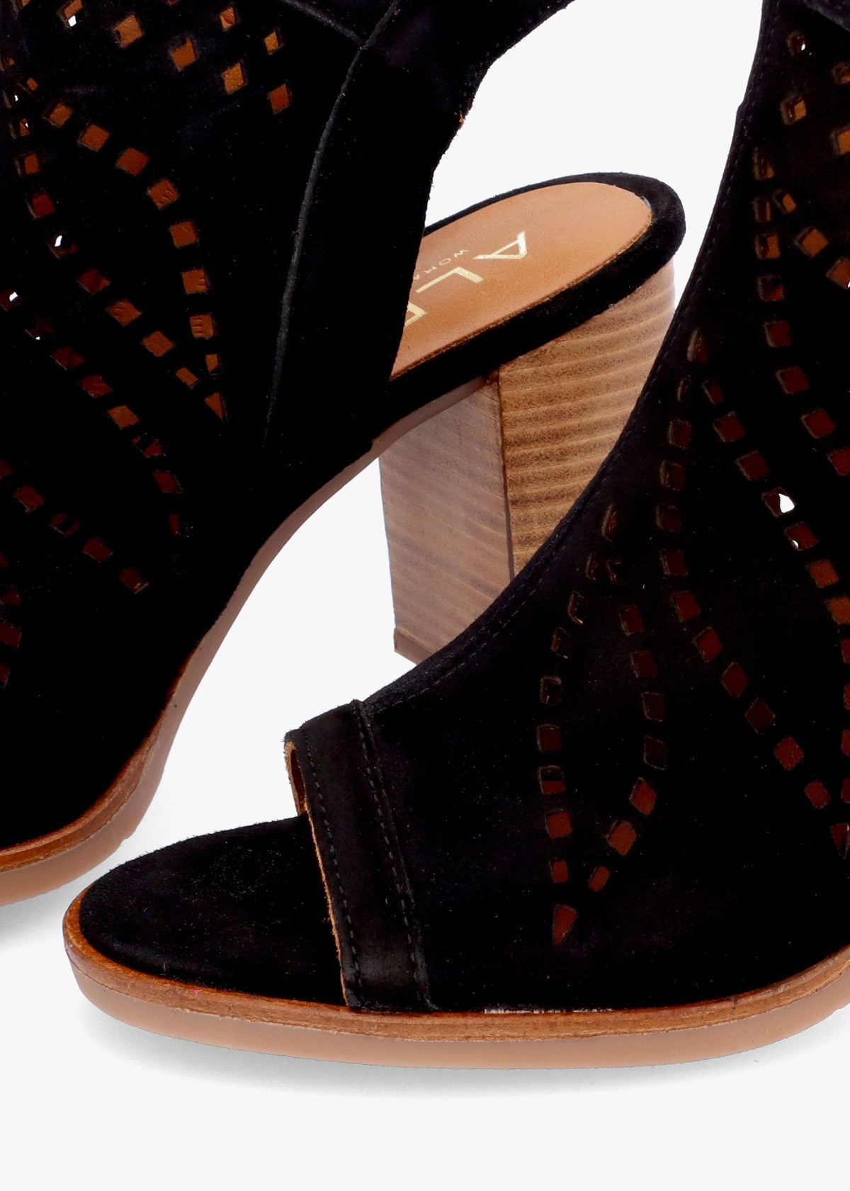 Arona Black Suede Laser Cut Block Heel Sandals
