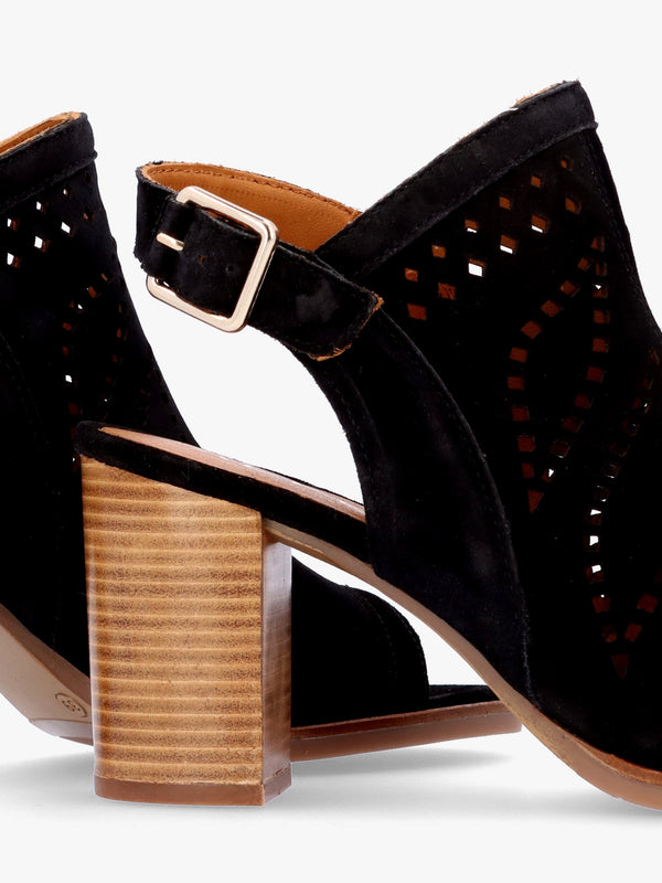 Arona Black Suede Laser Cut Block Heel Sandals