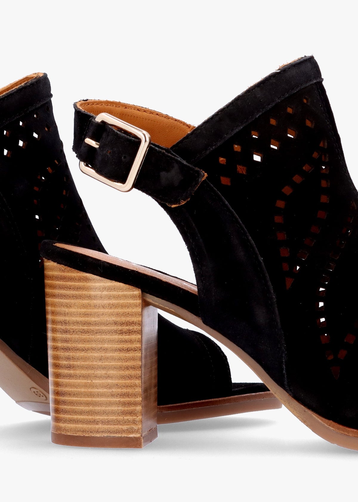 Arona Black Suede Laser Cut Block Heel Sandals