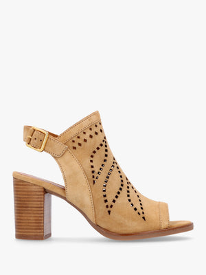 Arona Tan Suede Laser Cut Block Heel Sandals