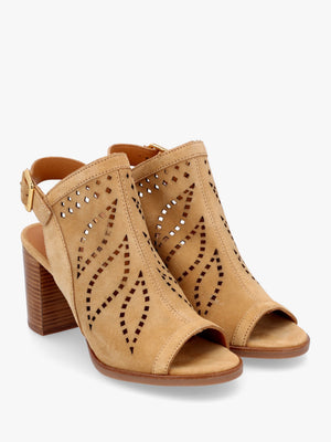 Arona Tan Suede Laser Cut Block Heel Sandals
