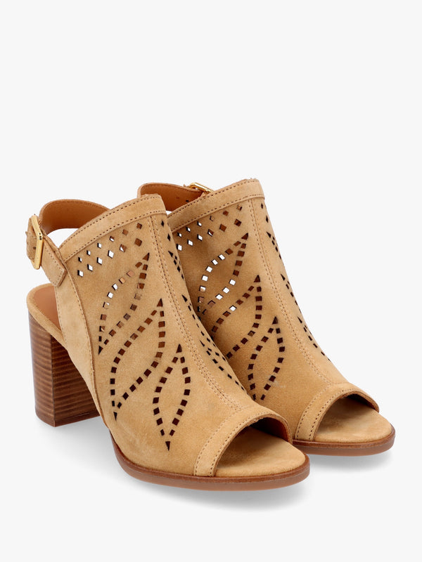 Arona Tan Suede Laser Cut Block Heel Sandals