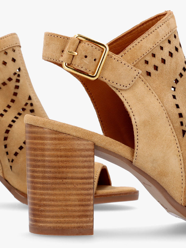 Arona Tan Suede Laser Cut Block Heel Sandals