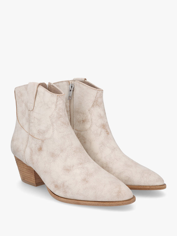 Fame Beige White Leather Western Ankle Boots