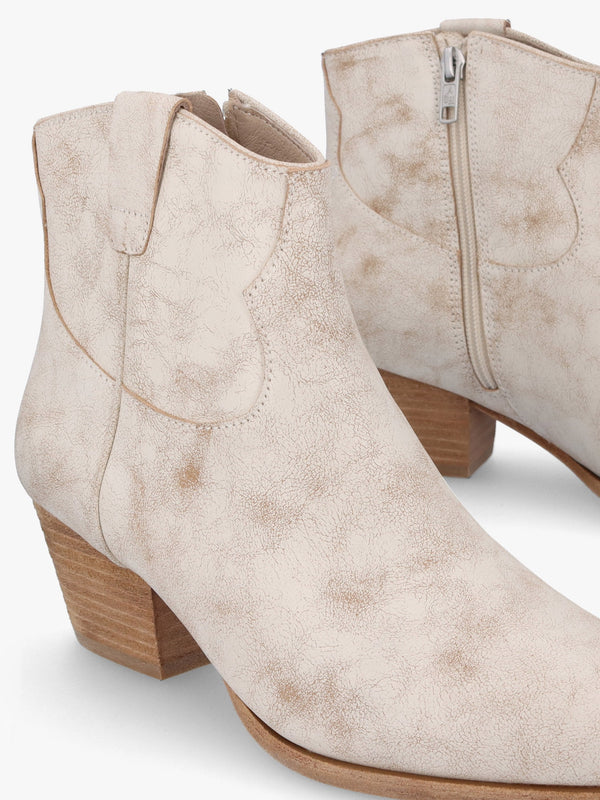 Fame Beige White Leather Western Ankle Boots