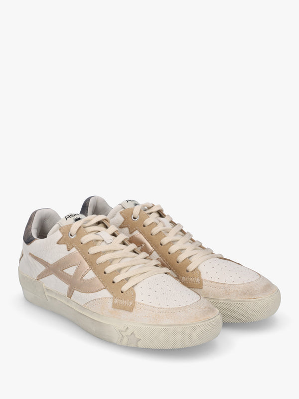 Moonlight Beige White Biscott Mekong Black Distressed Leather Trainers