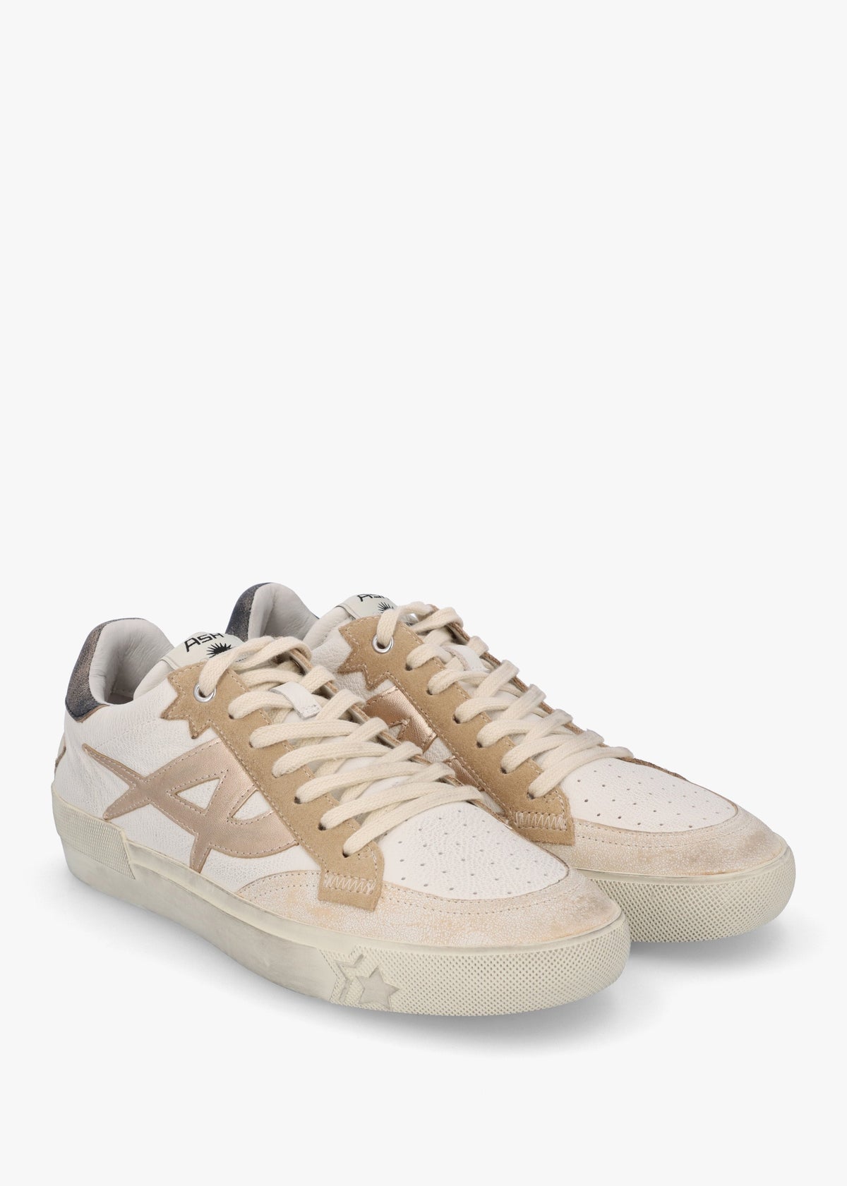 Moonlight Beige White Biscott Mekong Black Distressed Leather Trainers