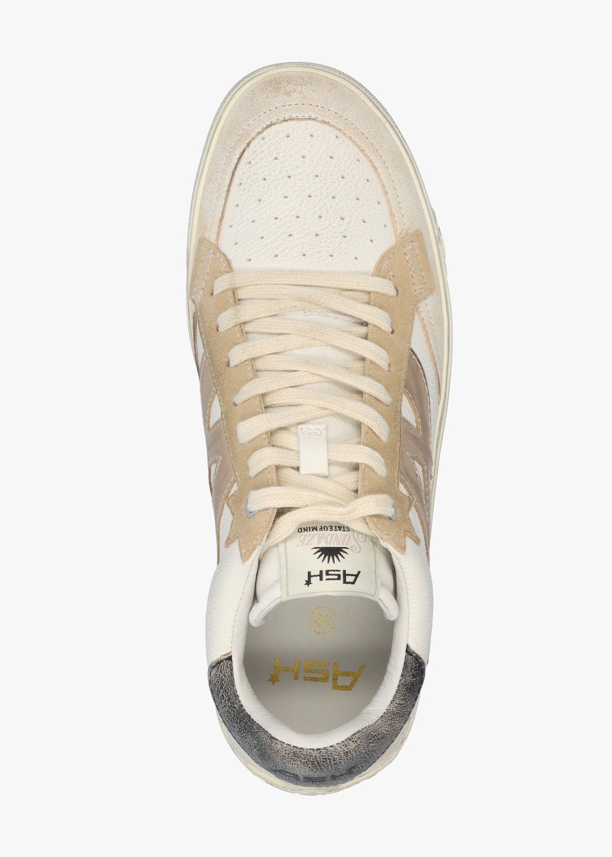 Moonlight Beige White Biscott Mekong Black Distressed Leather Trainers